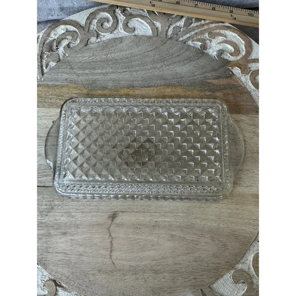 Vintage Clear Pressed Glass Diamond Point Rectangular Tray with Handles 9 Inch
